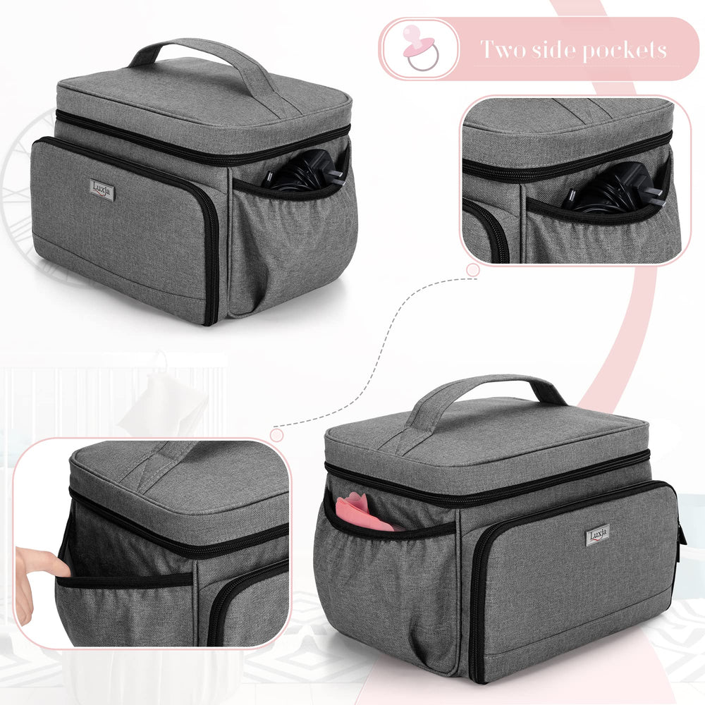 Luxja breast pump bag gray side pockets store power cord and storage bags.