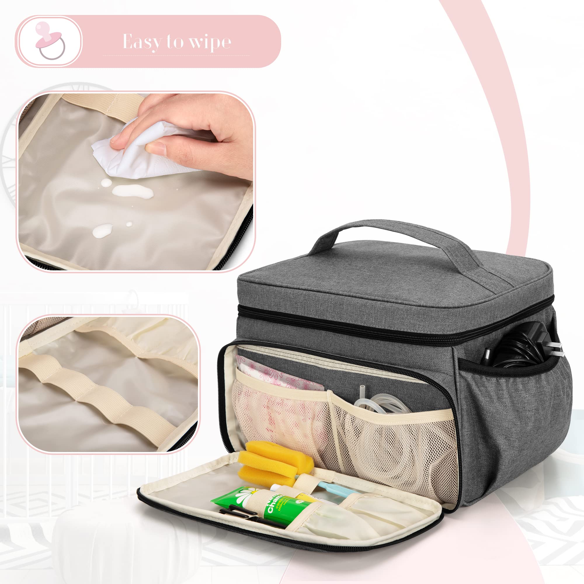 Luxja breast pump bag gray detachable divider helps keep pumps and bottles organized.