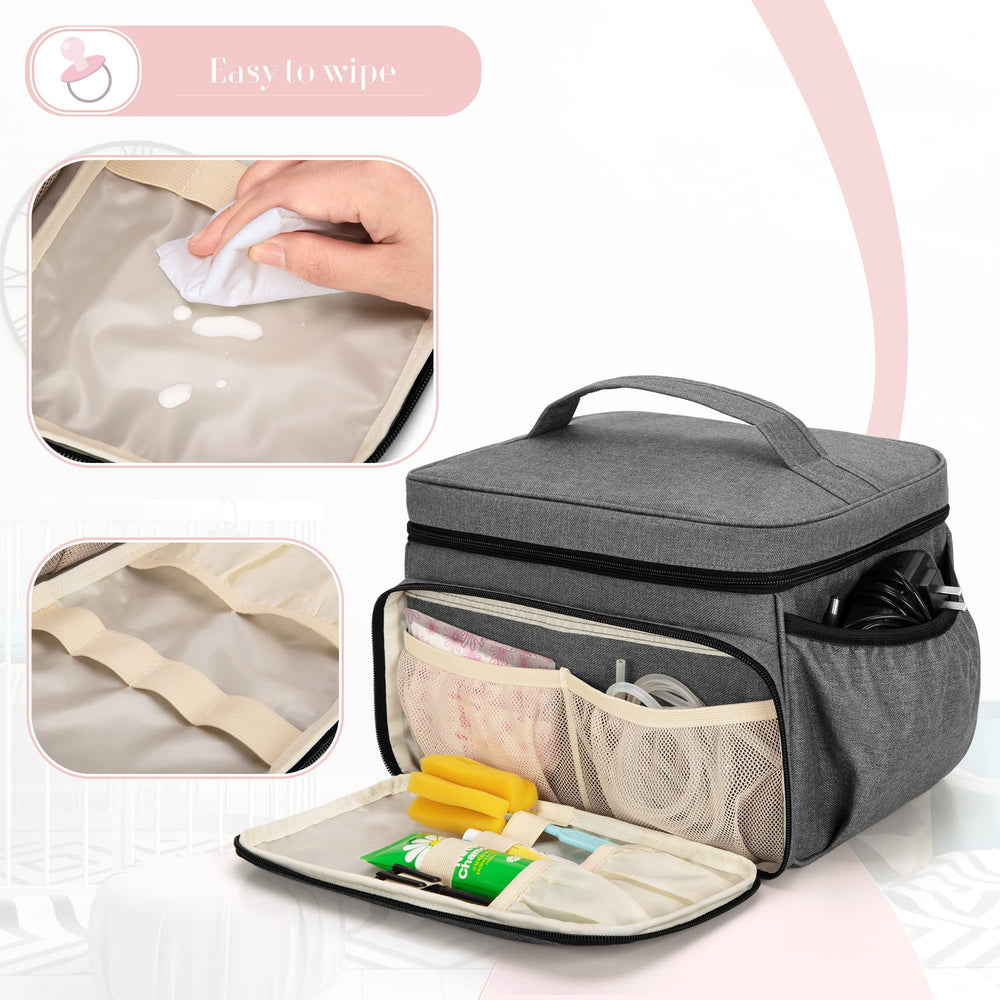 Luxja breast pump bag gray detachable divider helps keep pumps and bottles organized.