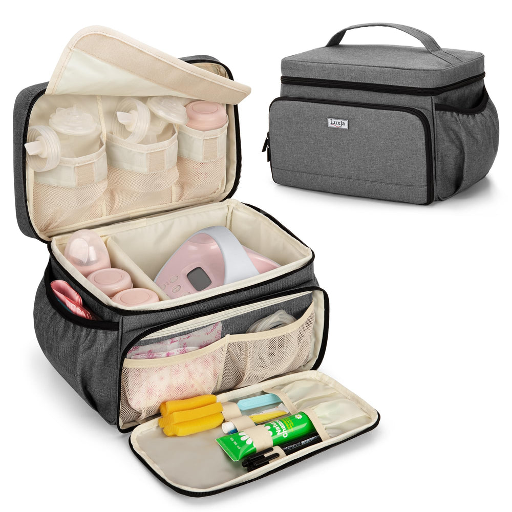 Luxja breast pump bag gray front pocket with mesh pouches for accessories.