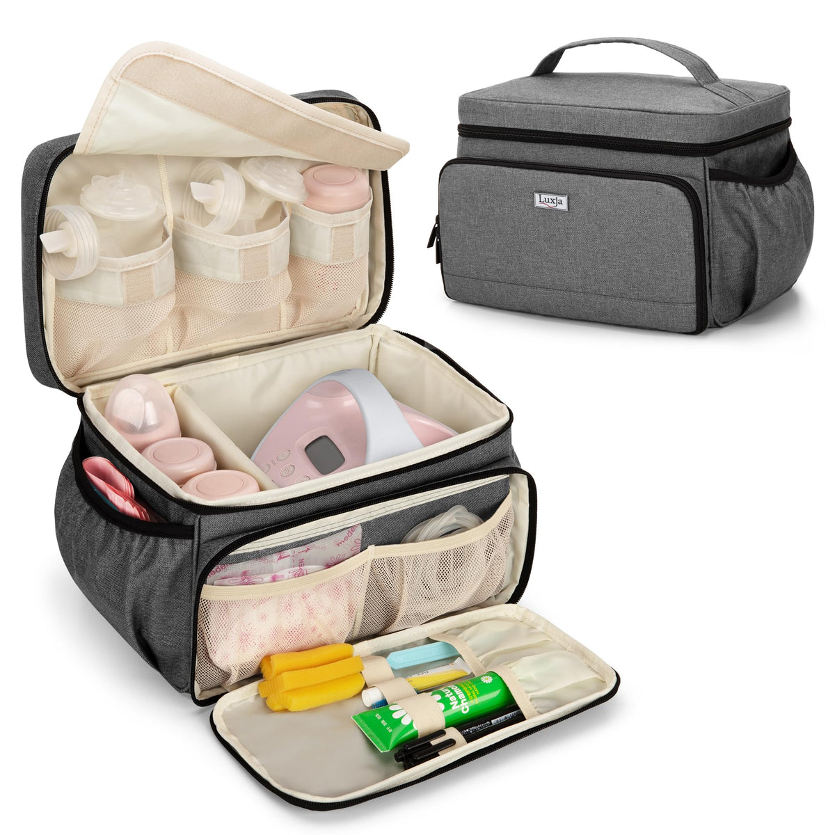 Luxja breast pump bag gray front pocket with mesh pouches for accessories.
