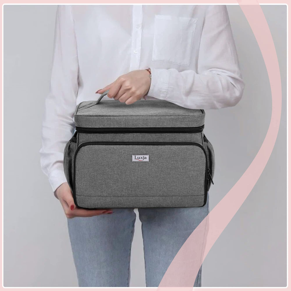 Luxja breast pump bag gray wipeable front pocket keeps bottle brushes tidy.
