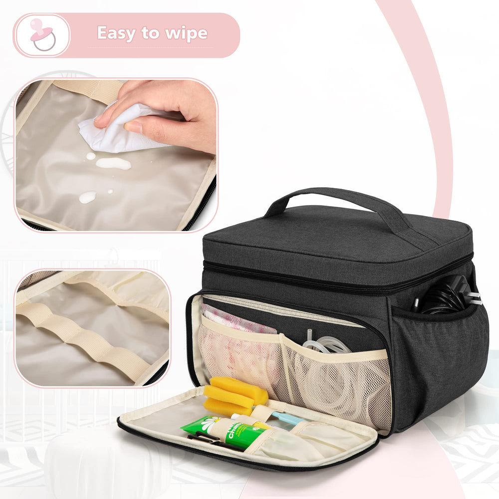 Luxja main-compartment holds Spectra S1/S2 and three 5oz bottles securely.