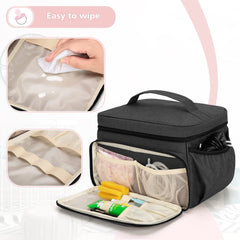 Luxja main-compartment holds Spectra S1/S2 and three 5oz bottles securely.