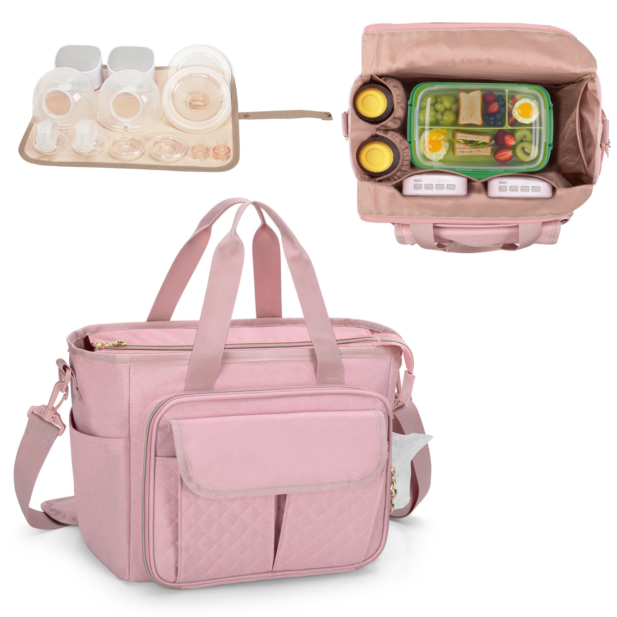 LUXJA large wearable breast pump bag pink exterior with organized compartments for on-the-go pumping.