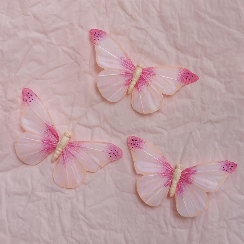 LUXLIBER pink real feather butterfly wings closeup for elegant wall decor