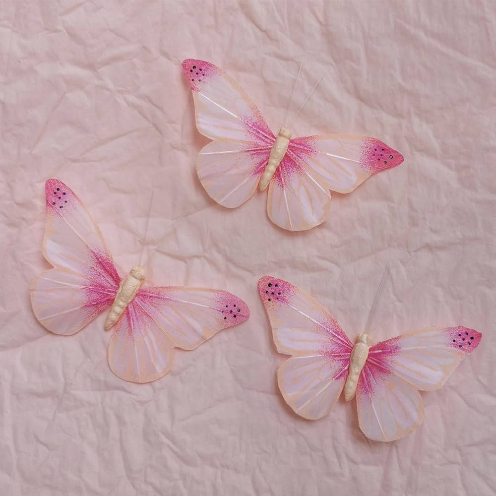 LUXLIBER pink real feather butterfly wings closeup for elegant wall decor