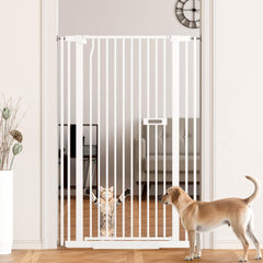 LuxTrsde 55-inch tall dog gate blocks tall jumpers at doorways.