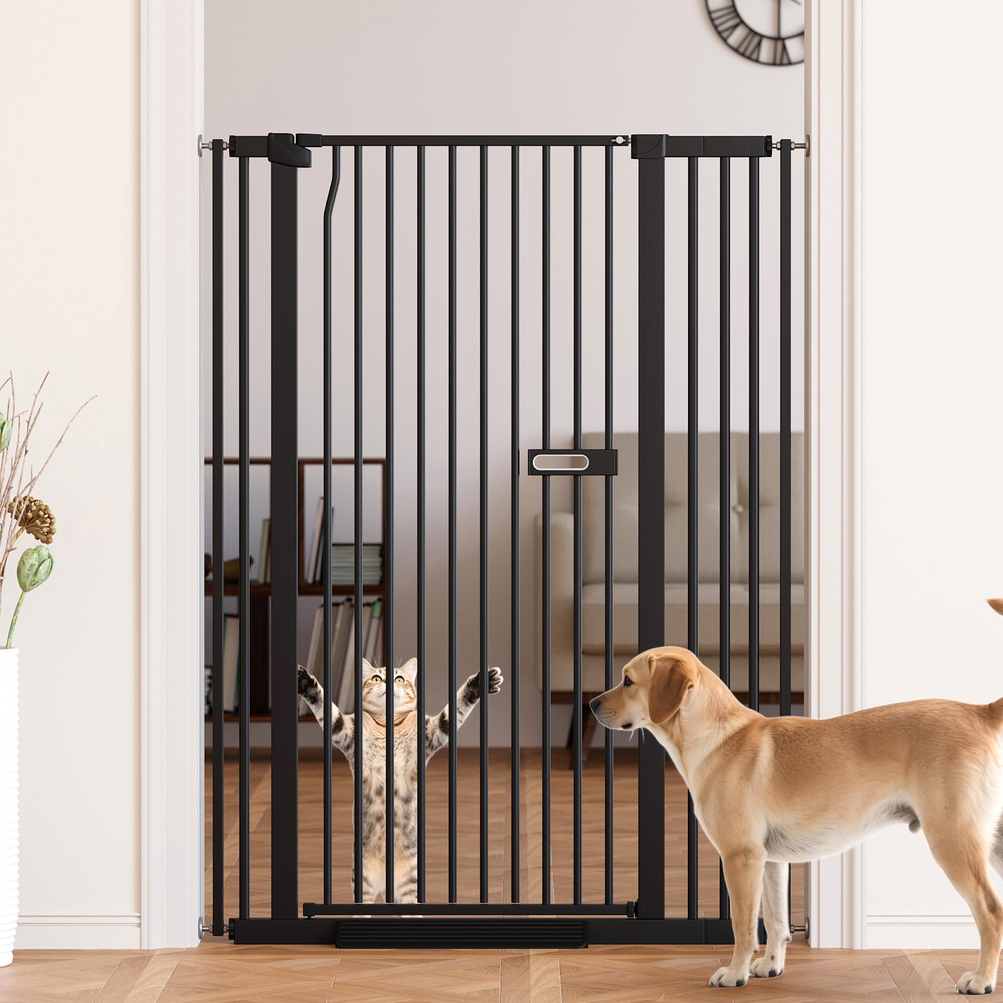 LuxTrsde 61-inch extra tall gate secured at doorway keeps tall pets contained