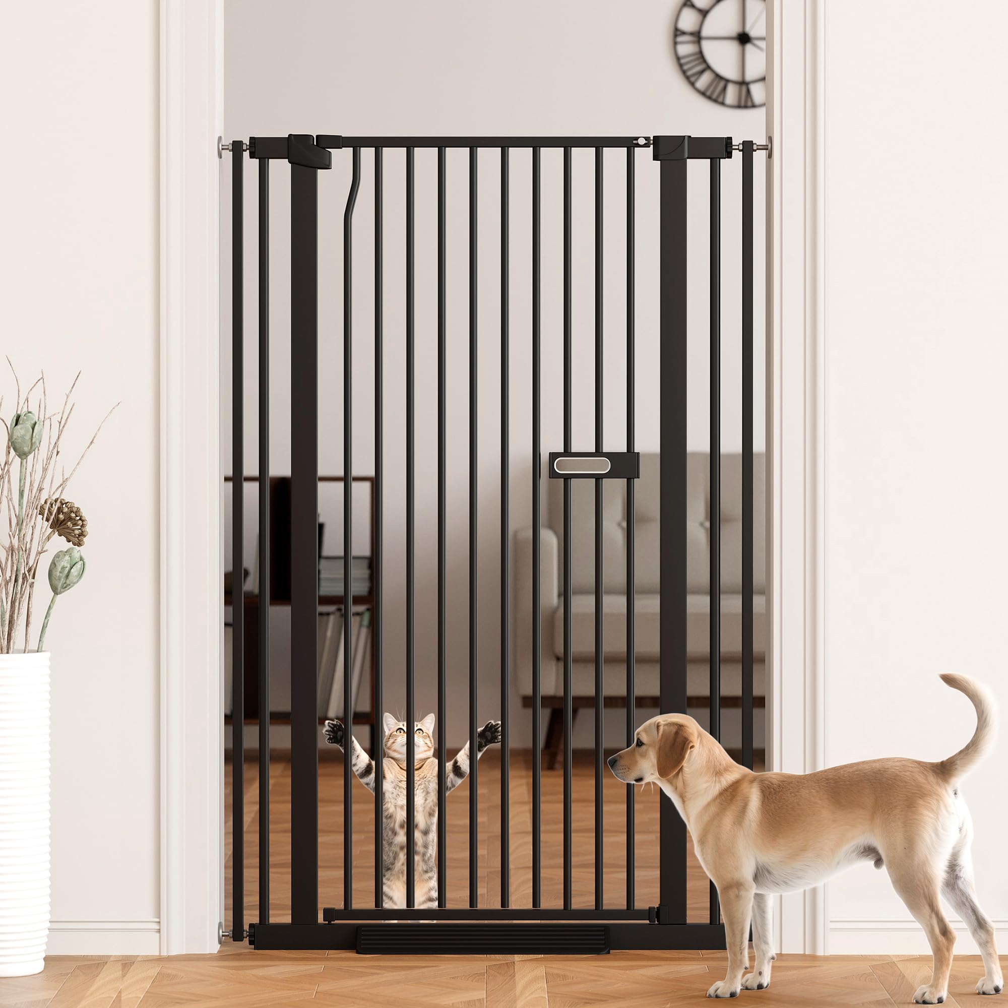 LuxTrsde 61-inch extra tall gate at doorway provides reliable pet containment for active dogs.