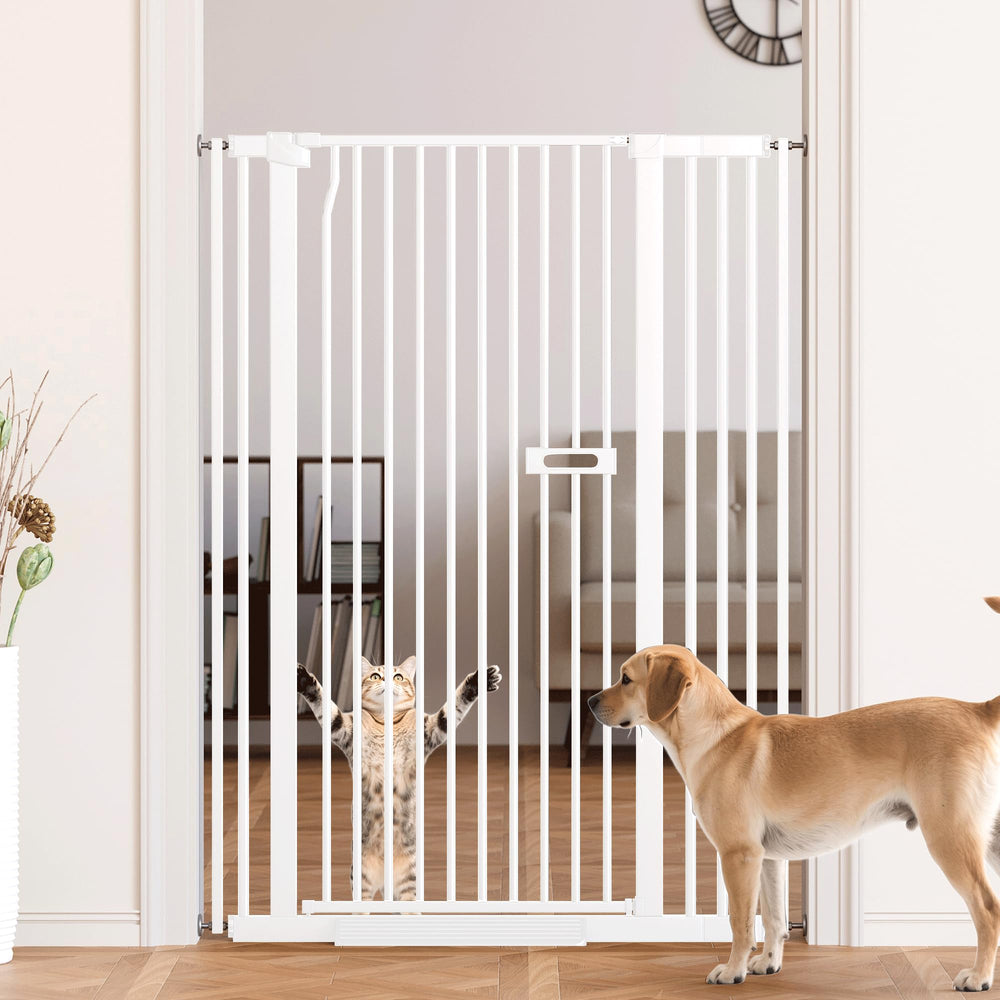 LuxTrsde extra tall gate in doorway blocks tall pets from jumping.
