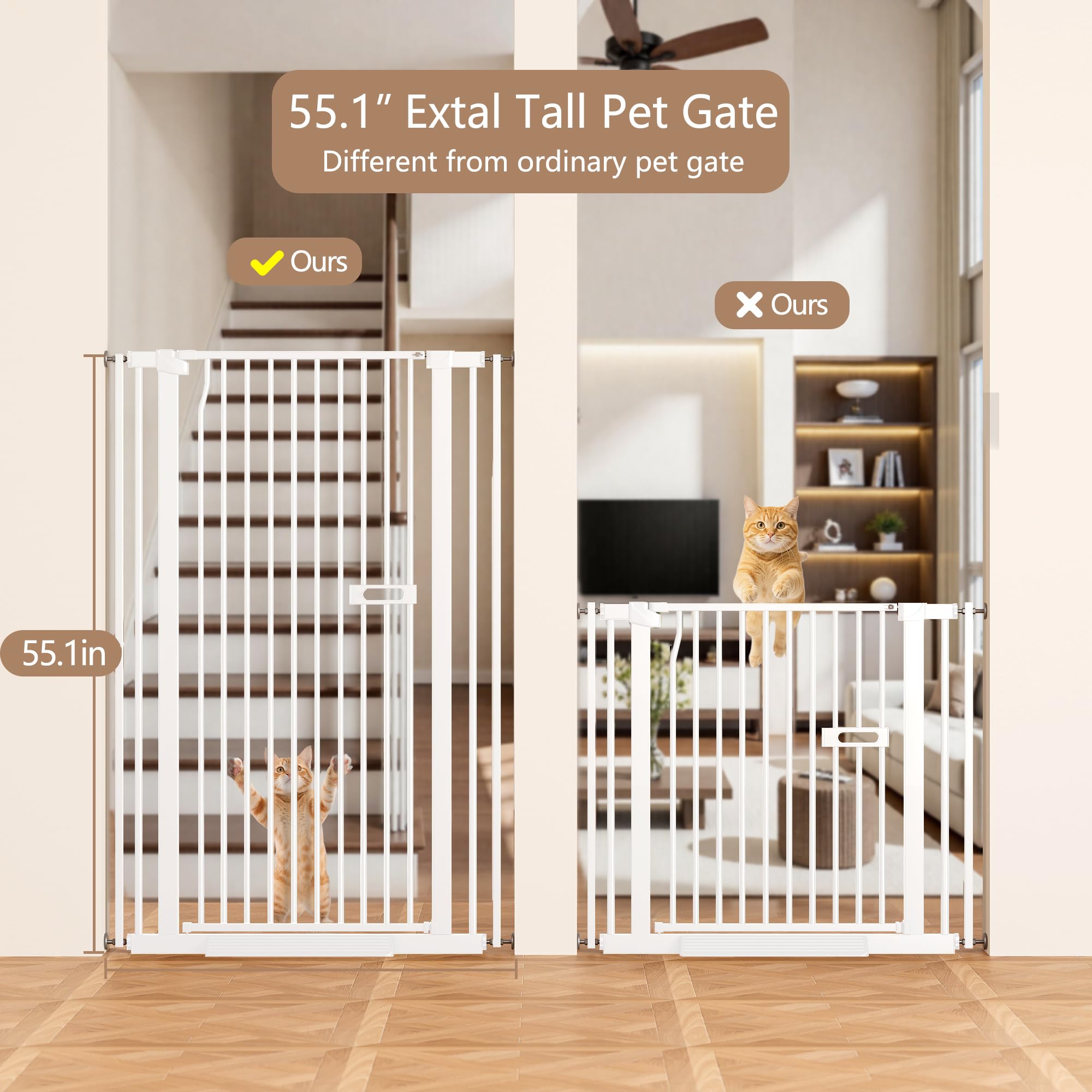 LuxTrsde no-drill pressure-mounted gate installs without wall damage.