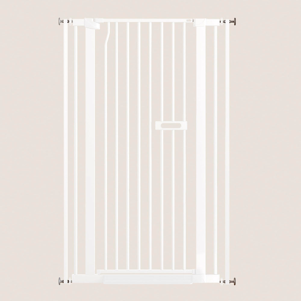 LuxTrsde white gate complements decor while keeping pets contained.