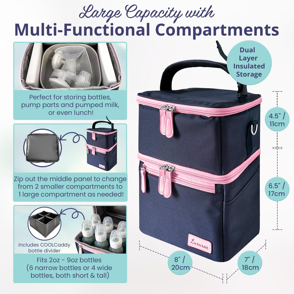 Luxuroo cooler bag opened to show dual compartments for bottles and milk on the go