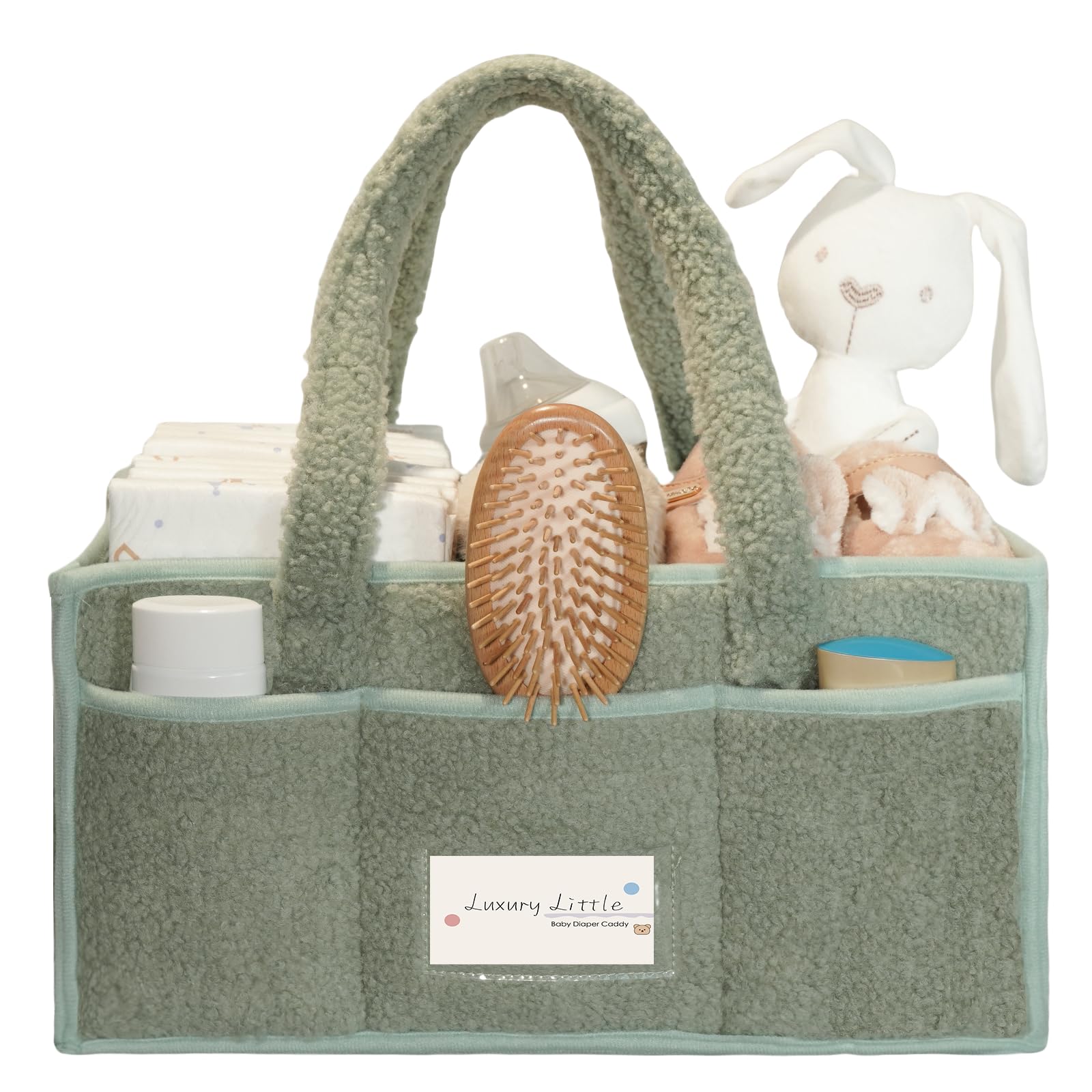 Luxury Little diaper caddy with sherpa exterior offers plush, organized nursery storage for quick changes.
