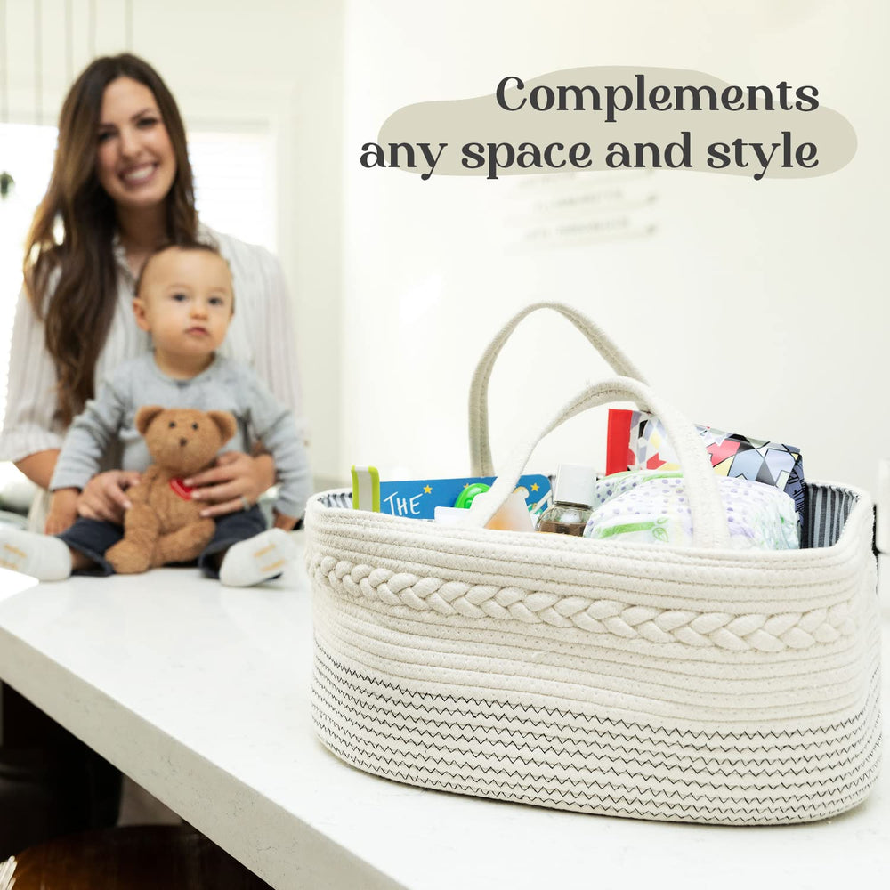 Luxury Little size-friendly design accommodates diapers, wipes, bibs, and more for quick access.