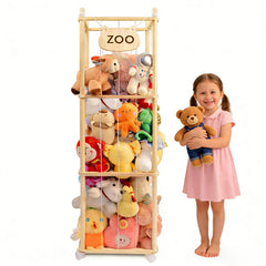 Lveesto stuffed animal storage tower front view shows clutter-free playroom organization.