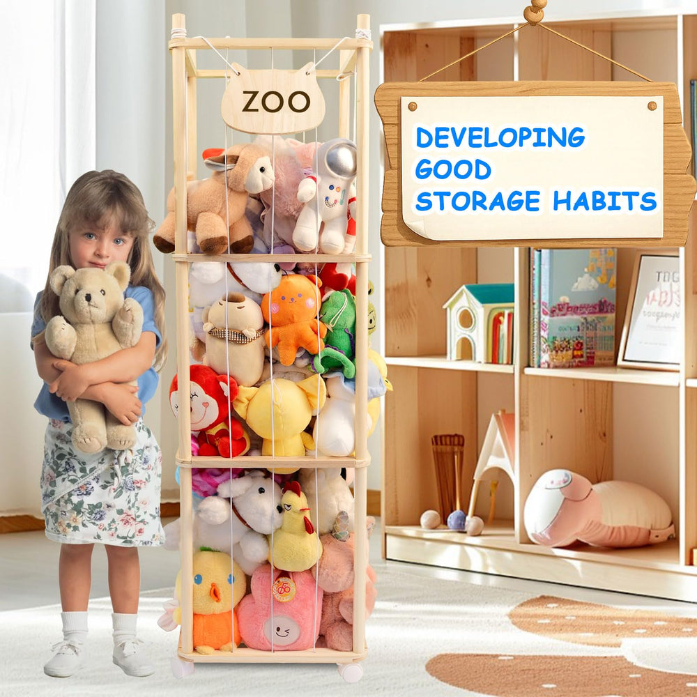 Lveesto stuffed animal storage tower in nursery blends with playful decor.