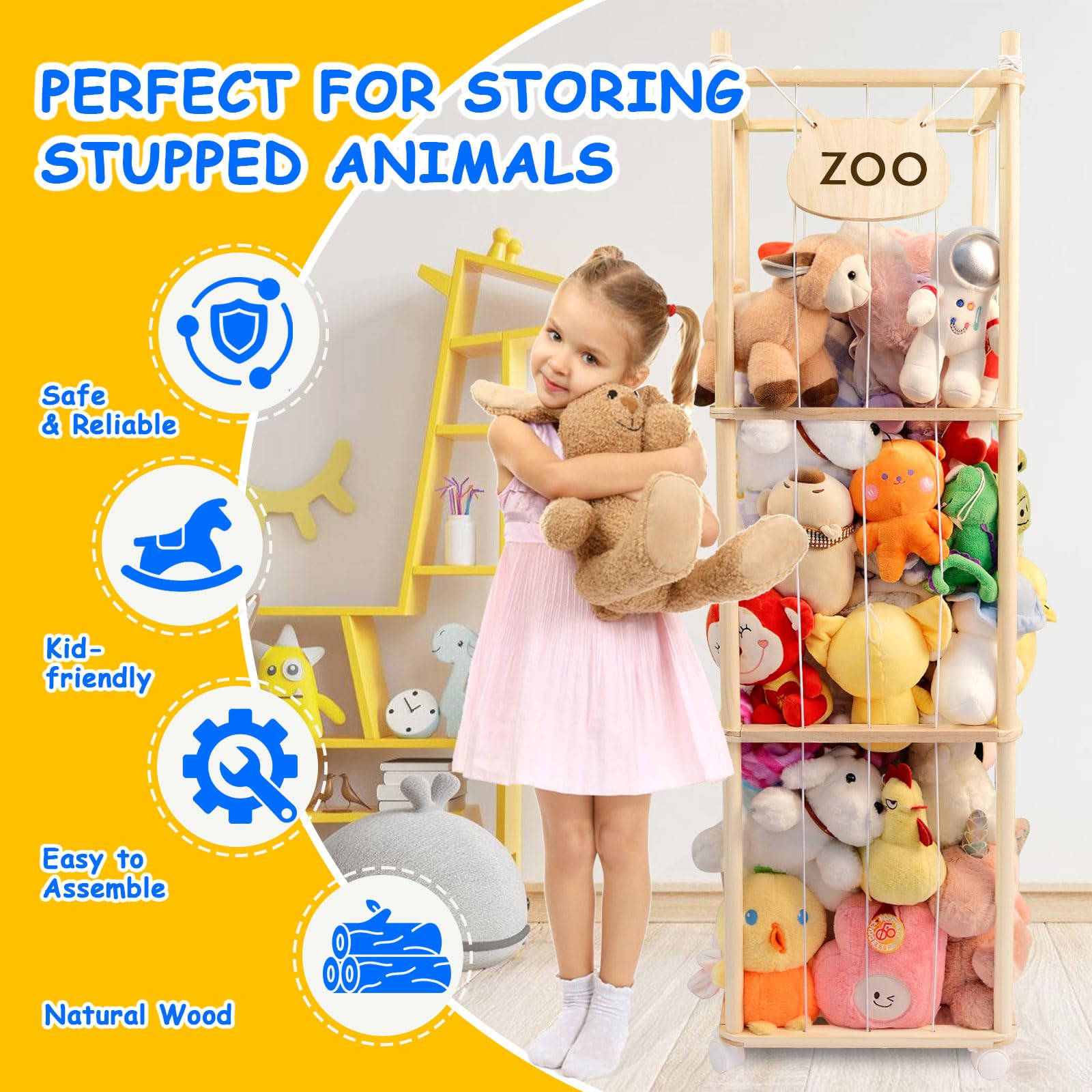 Lveesto storage tower plush straps secure different sized toys during movement.