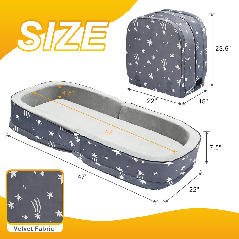 Lvemilio portable toddler bed with foam mattress for on-the-go comfort.