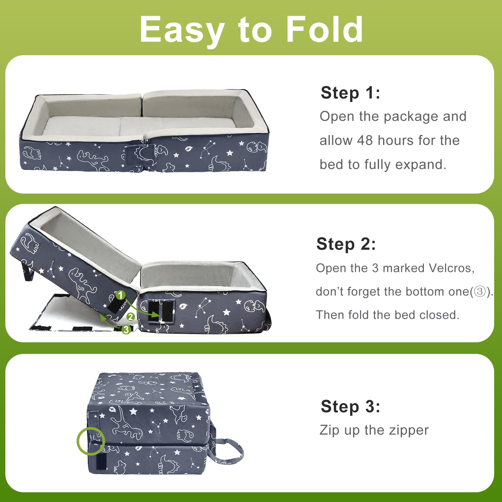 Lvemilio Toddler Travel Bed in-use setup shows comfort for a child up to 43 inches.