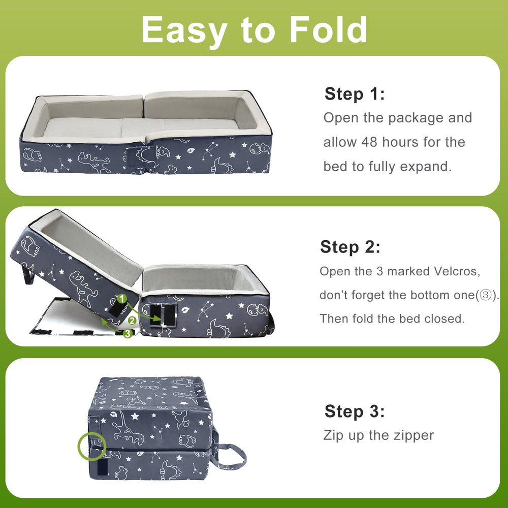 Lvemilio Toddler Travel Bed in-use setup shows comfort for a child up to 43 inches.