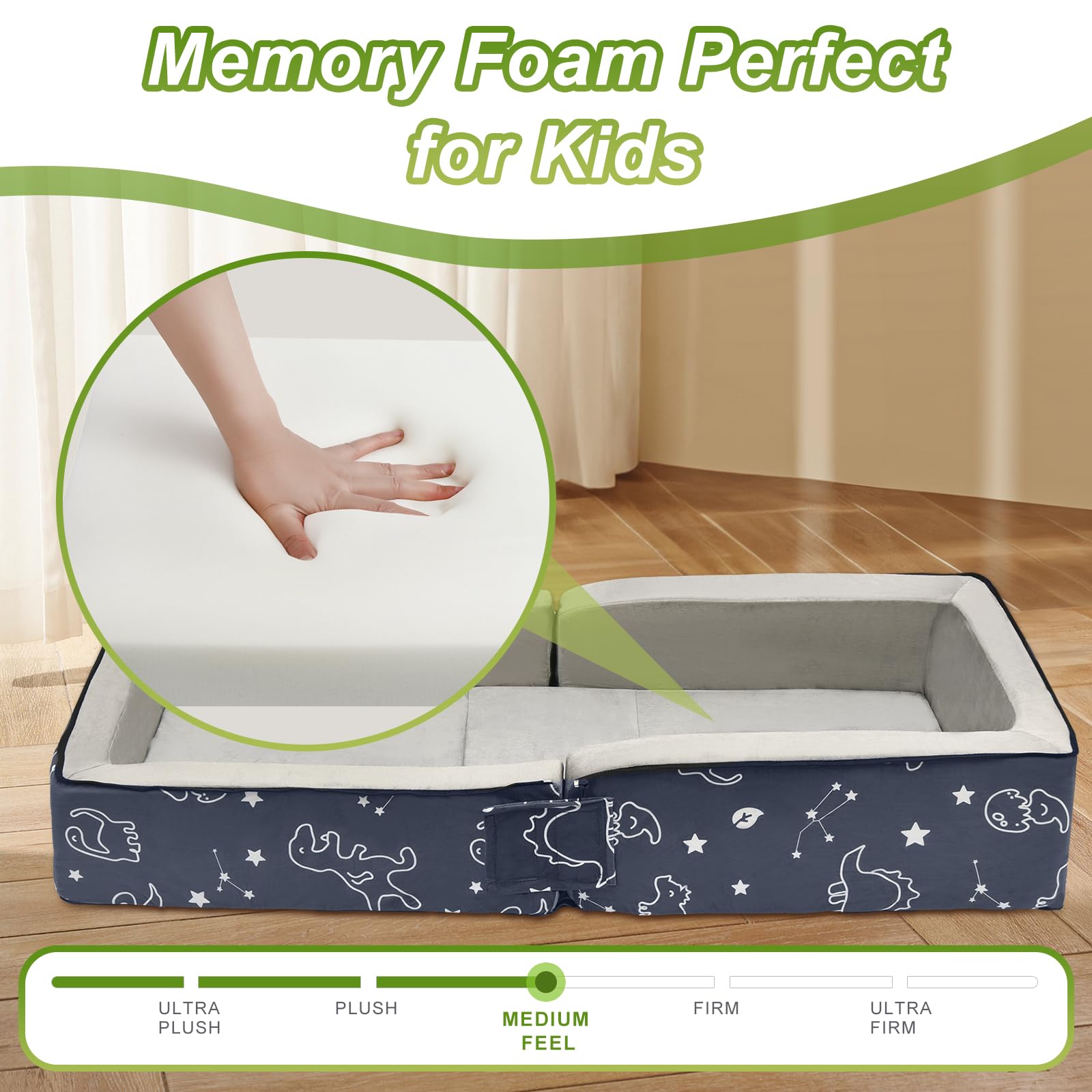 Lvemilio Toddler Travel Bed open and setup, ready for quick family trips.