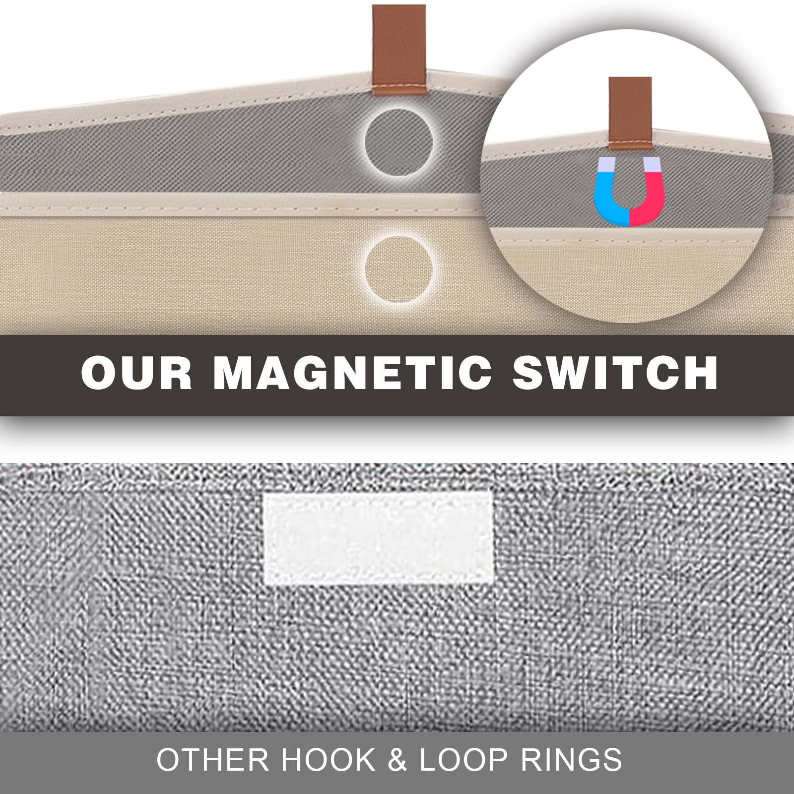LVGOATH luxury leather handles on a beige grey toy bin for easy carrying.