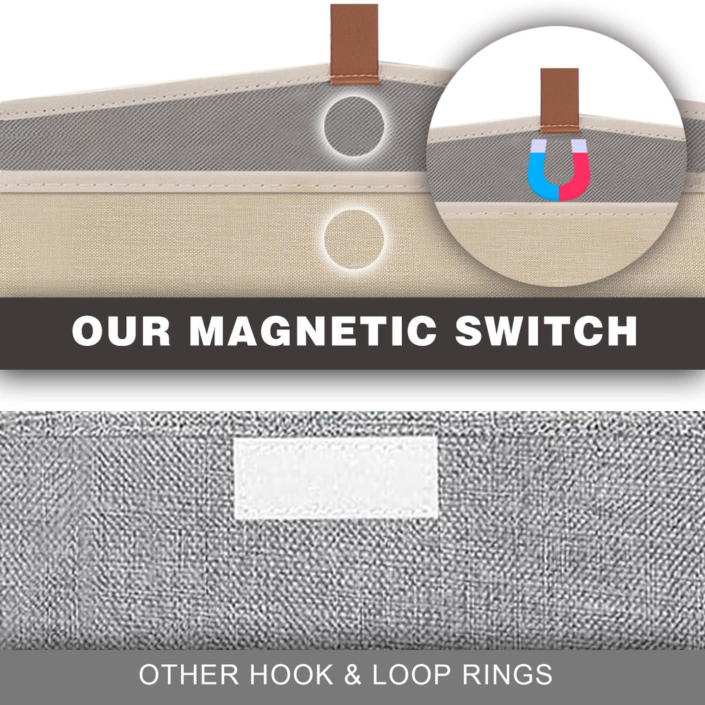 LVGOATH luxury leather handles on a beige grey toy bin for easy carrying.