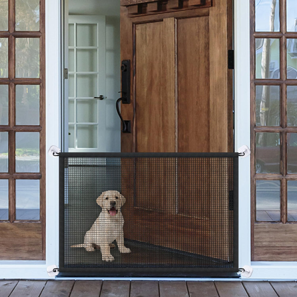LWFCOEE Mesh Dog Gate assembly demonstrates easy no-tools setup for instant pet containment.