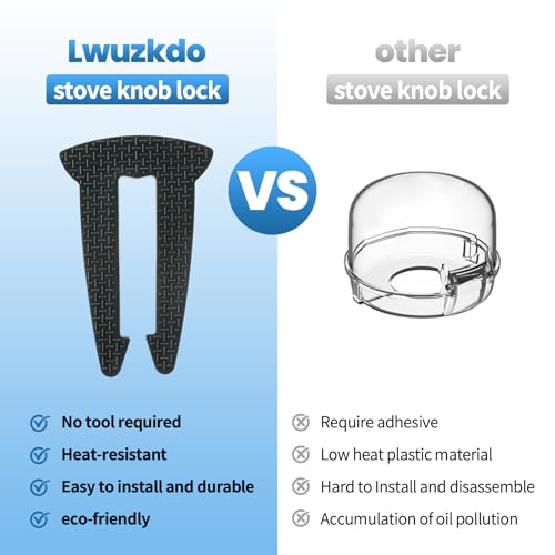 Lwuzkdo 5-pack gas stove knob locks installed on stove demonstrating one-step fit