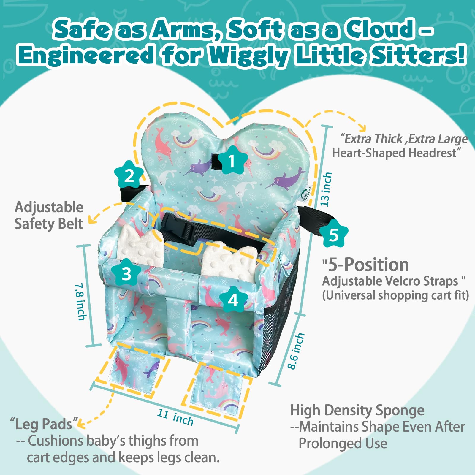 LWWACSS Ocean Blue headrest and crinkle toy enhance baby comfort in carts.