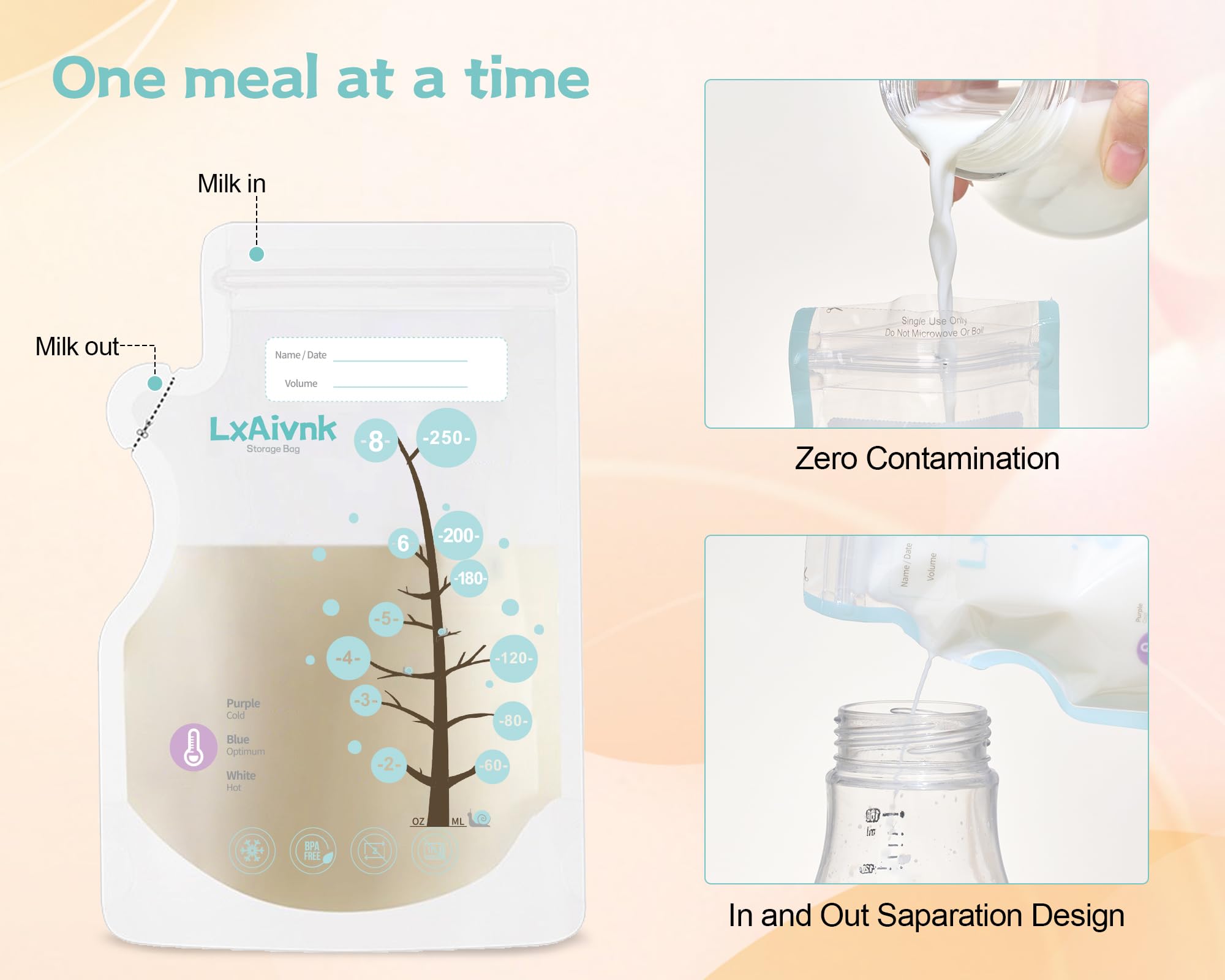 LXAIVNK bag features measurement scales in oz and ml for portion tracking