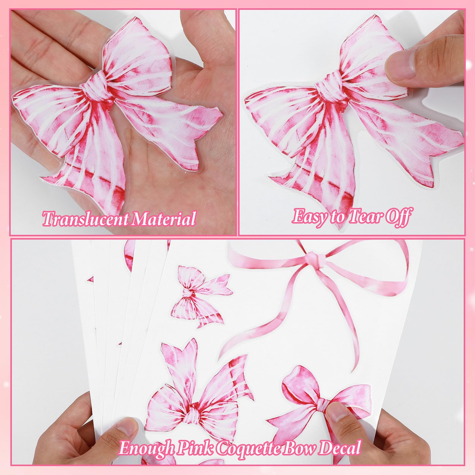 LXUEJIE pink bow wall decal packaging image emphasizing easy peel-and-stick setup