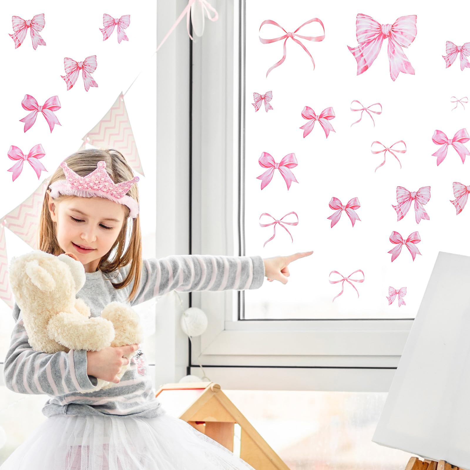 LXUEJIE pink bow wall decals sheet displaying six styles for versatile decorating