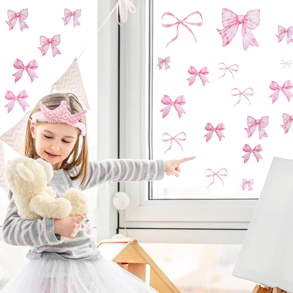 LXUEJIE pink bow wall decals sheet displaying six styles for versatile decorating