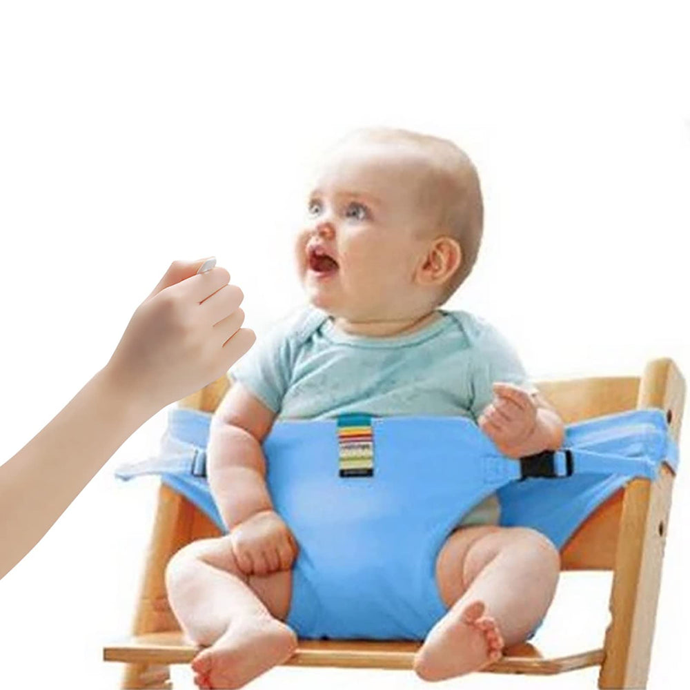 Lychee Harness Seat blue front view shows portable high chair safety for toddlers