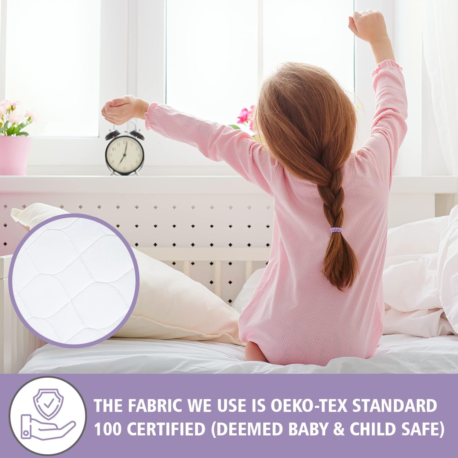 Lynmark 2X white bed protector blends with bedding.