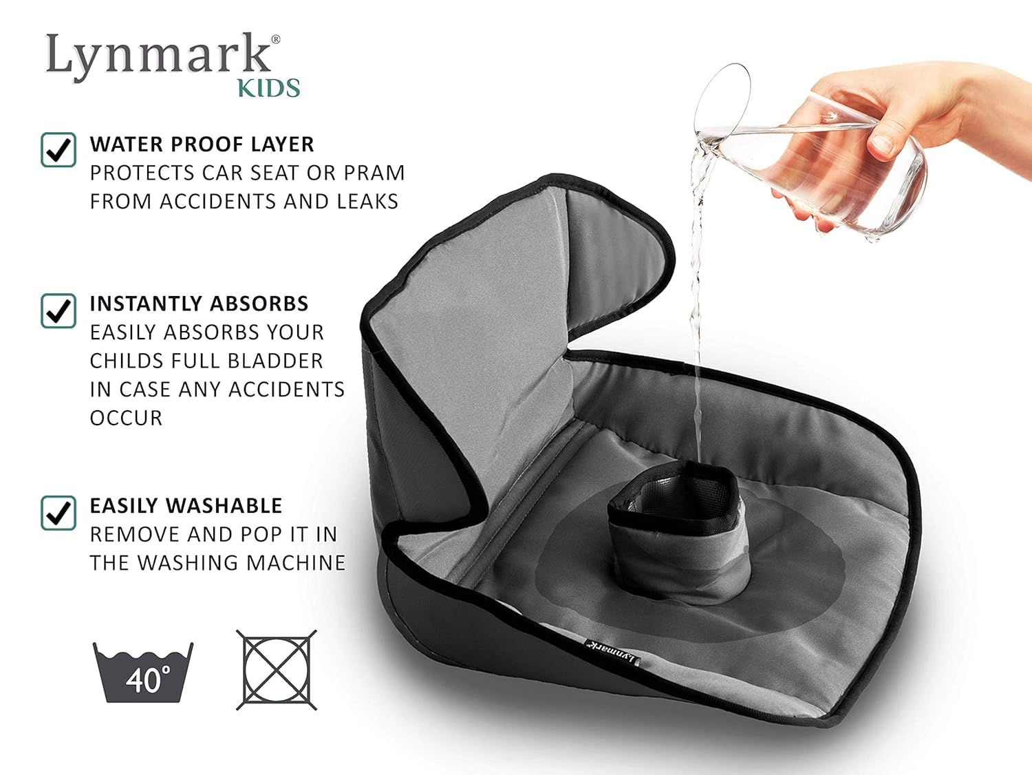 Lynmark edge-to-edge coverage protector grey shields the seat during toddler adventures.