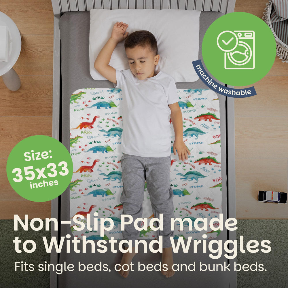 Lynmark Potty-Training Mattress Protector dinosaur bed setup on a toddler bed