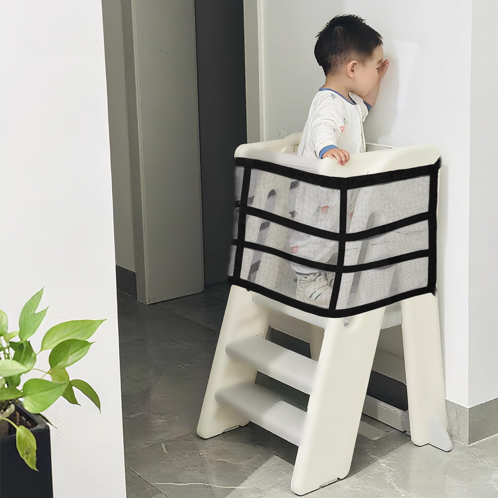 Lyreh toddler standing tower safety net in dining room setting supports safe meals and transitions