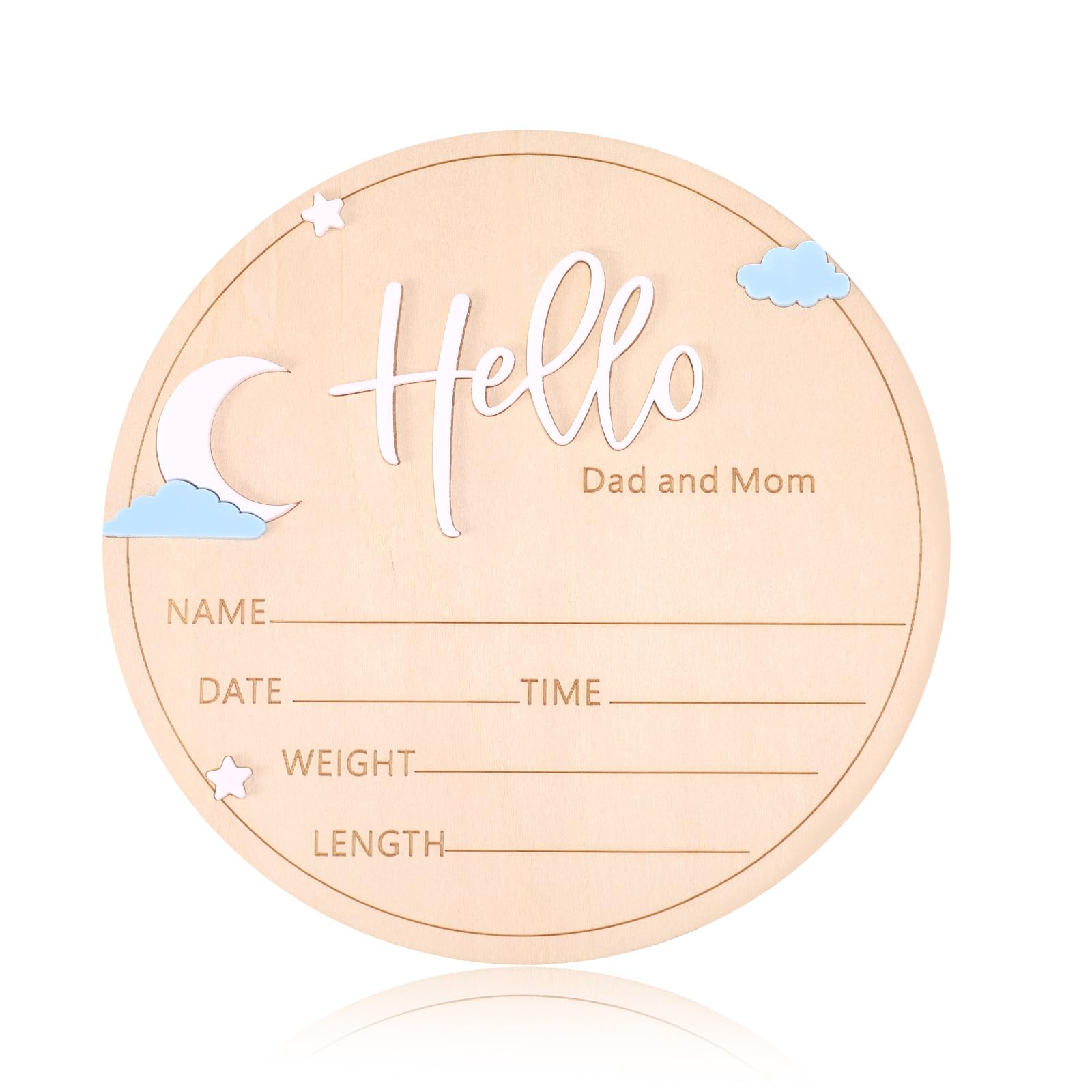 Lyreh wooden baby announcement sign round moon-and-stars motif for chic nursery decor and birth details.