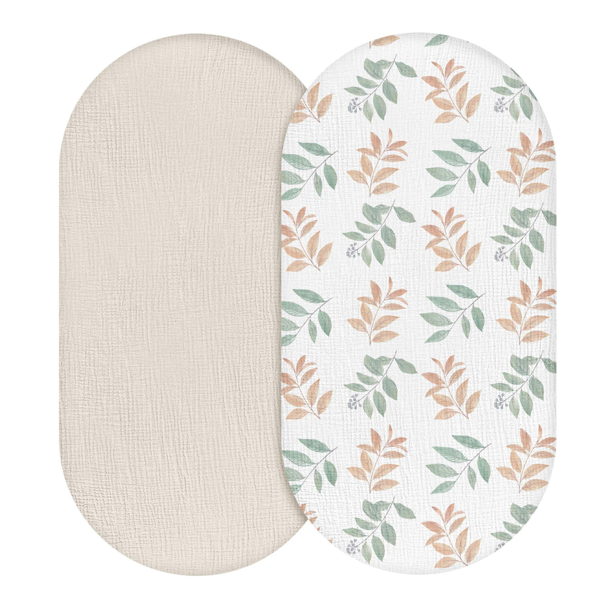 LYRICHOM BABY Bright Leaves bassinet sheet folded shows soft breathable cotton for baby's comfort.