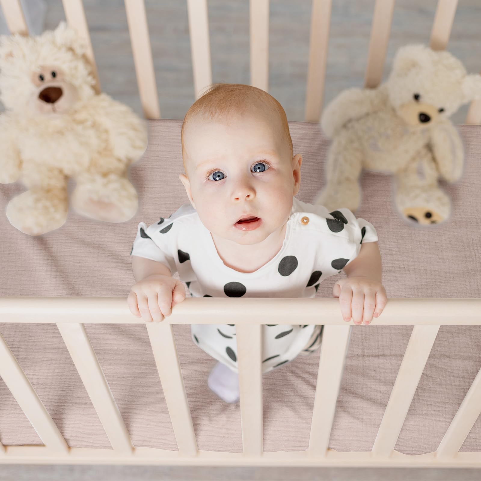 LYRICHOM BABY crib sheets unisex colors shown in neutral tones.