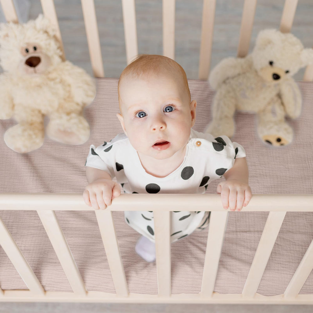 LYRICHOM BABY crib sheets unisex colors shown in neutral tones.