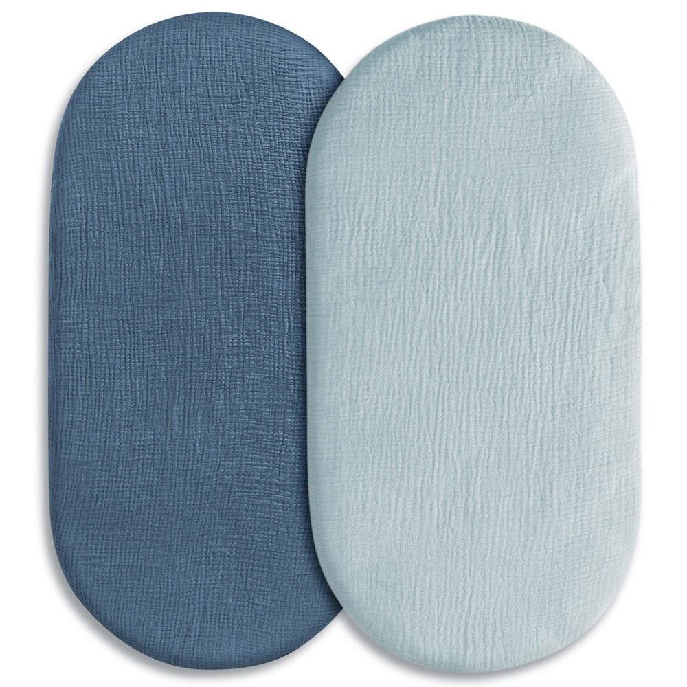 LYRICHOM Baby muslin bassinet sheet 2-pack offering breathable cotton for baby comfort.