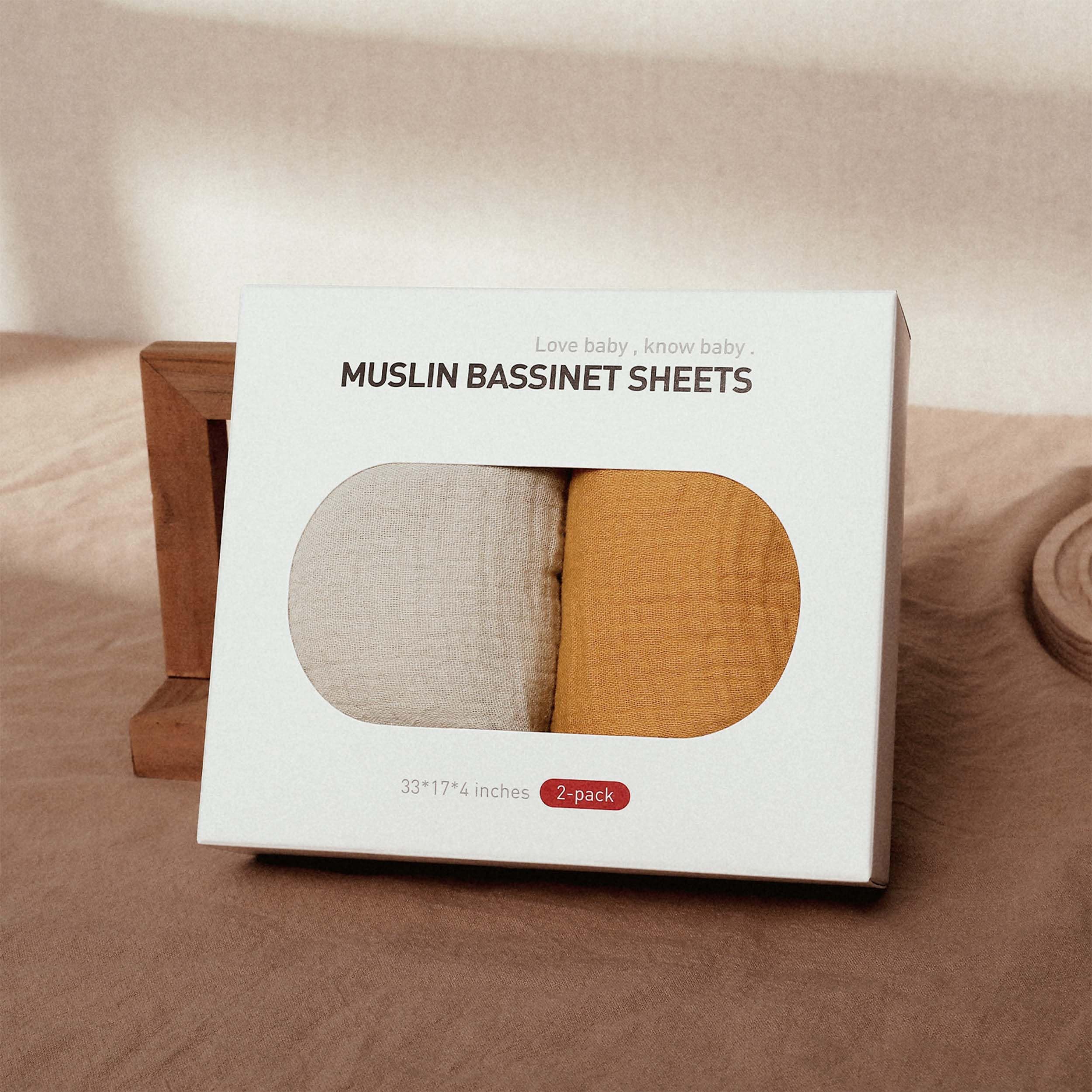 Gift-ready packaging of LYRICHOM BABY muslin bassinet sheet set