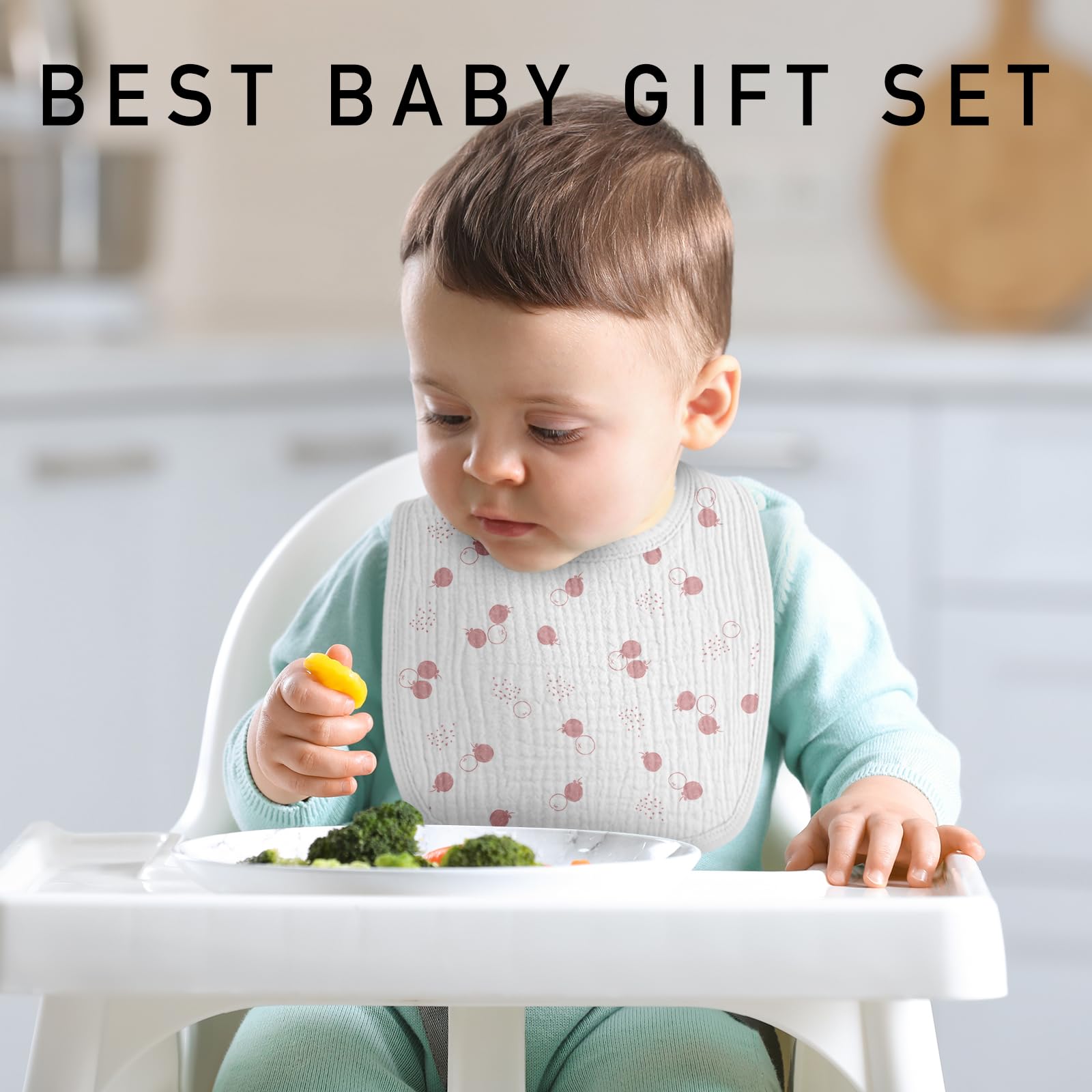 LYRICHOM BABY pink front-flap bib protects clothes during teething meals