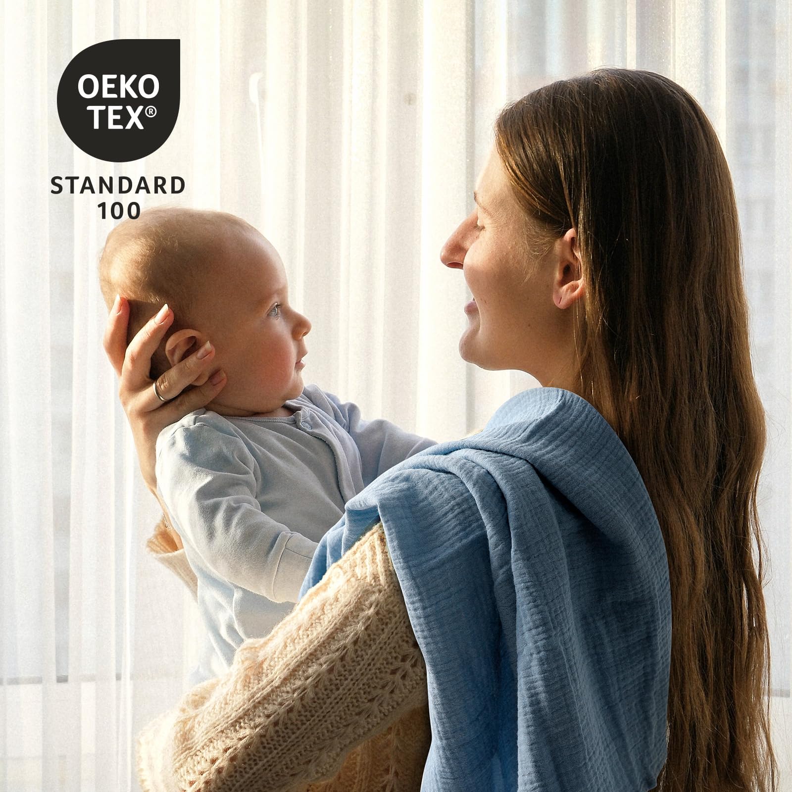 LYRICHOM BABY muslin blanket stitch detail signals durability and soft edges.
