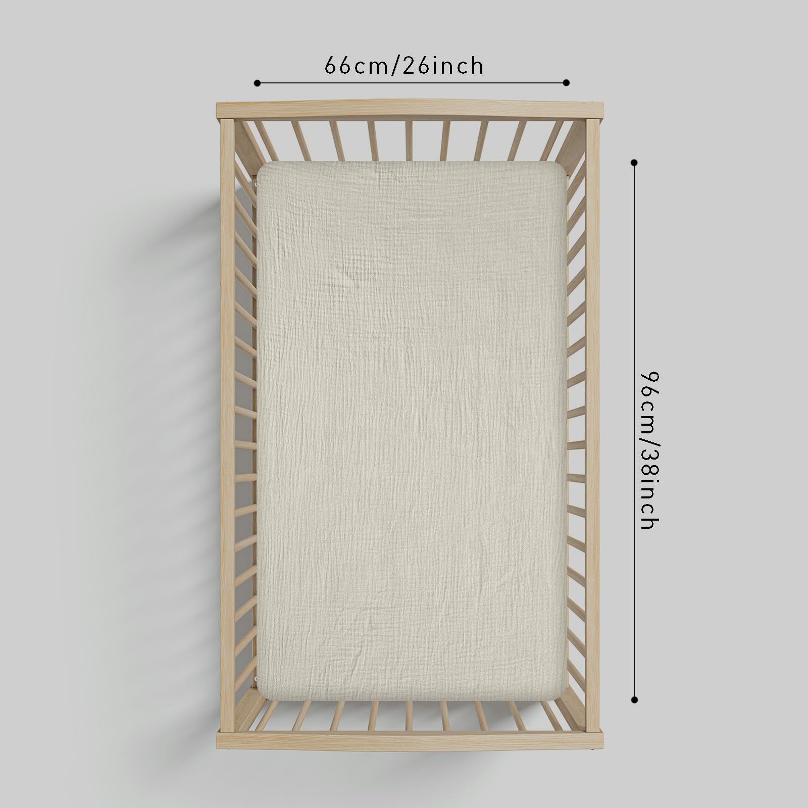 LYRICHOM BABY muslin crib sheets 38x26x5 inches displayed for universal mattress fit.